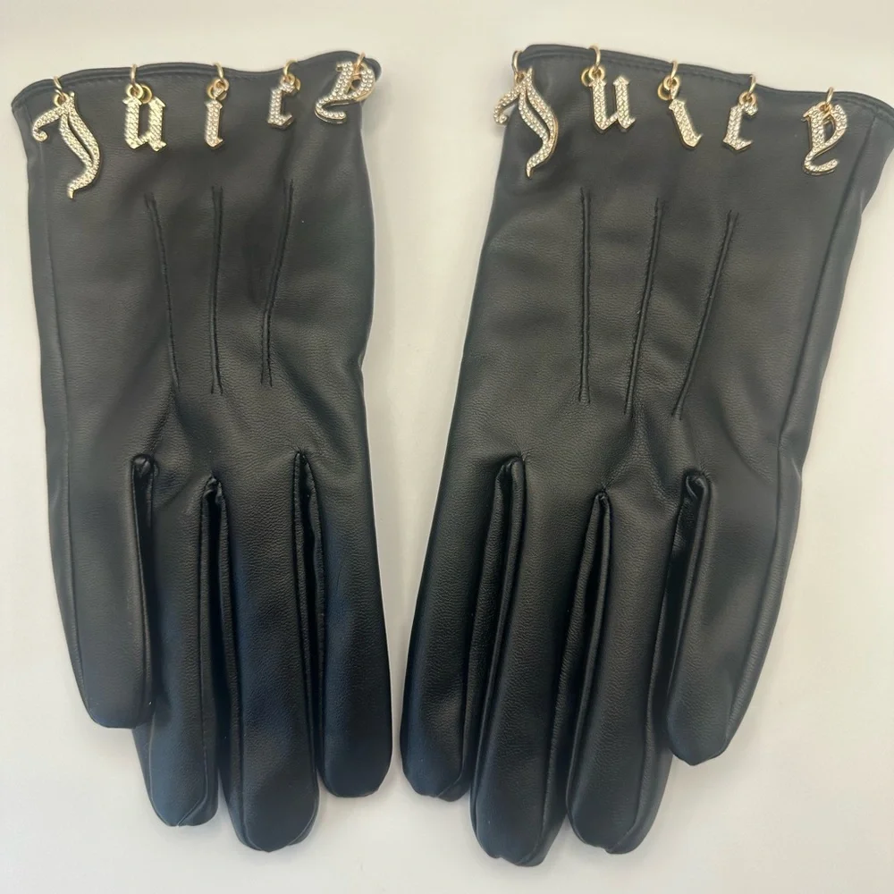 Juicy Couture Black Gloves Gold Rhinestone Dangle Bling Charm Faux Leather Y2K